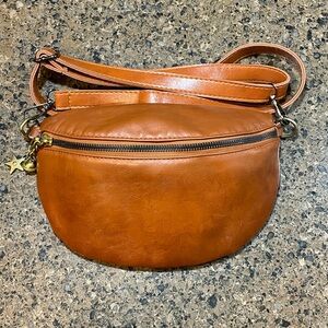 Cognac Convertible Bag Top Zip Brass Colored Charms Faux Leather Interior Zip